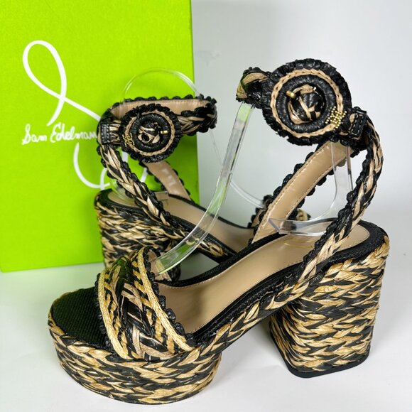 Sam Edelman Black Natural Raffia Lliana sz 7 Woven Platform Sandals Ankle Strap - Picture 5 of 15